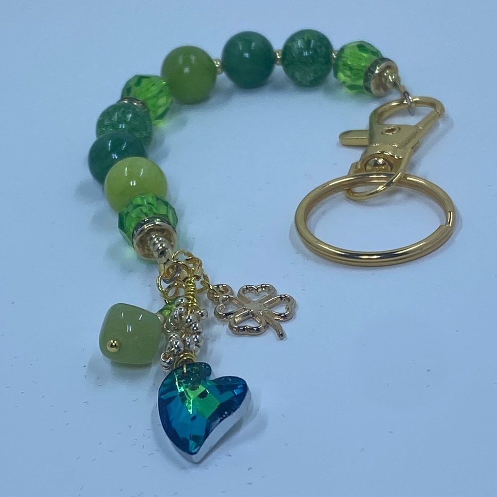 Green Beaded Keychain / Bag Chatm with Heart Charm